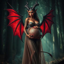 A striking image of a pregnant female demon standing gracefully, showcasing her large, elegantly shaped wings