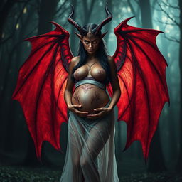 A striking image of a pregnant female demon standing gracefully, showcasing her large, elegantly shaped wings