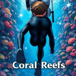 Detailed anime-style cover art for an educational science magazine issue titled 'Coral Reefs' featuring a teenage male character in a tight glossy wetsuit and scuba gear