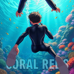 Detailed anime-style cover art for an educational science magazine issue titled 'Coral Reefs' featuring a teenage male character in a tight glossy wetsuit and scuba gear