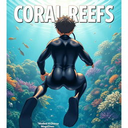 Detailed anime-style cover art for an educational science magazine issue titled 'Coral Reefs' featuring a teenage male character in a tight glossy wetsuit and scuba gear