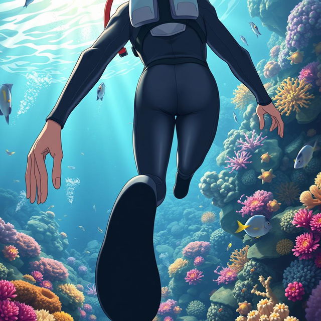 Detailed anime-style cover art for an educational science magazine issue titled 'Coral Reefs' featuring a teenage male character in a tight glossy wetsuit and scuba gear