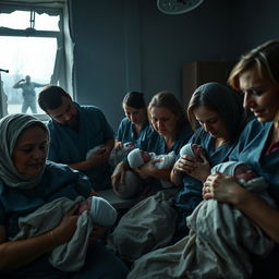 A dramatic and powerful scene capturing Ukrainian women giving birth in a makeshift hospital during a Russian military invasion