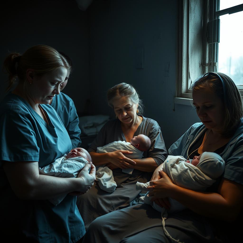 A dramatic and powerful scene capturing Ukrainian women giving birth in a makeshift hospital during a Russian military invasion