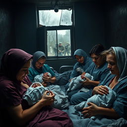A dramatic and powerful scene capturing Ukrainian women giving birth in a makeshift hospital during a Russian military invasion