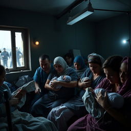 A dramatic and powerful scene capturing Ukrainian women giving birth in a makeshift hospital during a Russian military invasion