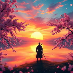 An enchanting landscape featuring a serene sunset over a tranquil lake with vibrant hues of orange, pink, and purple reflecting on the water