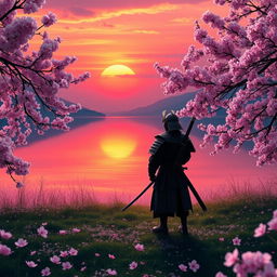 An enchanting landscape featuring a serene sunset over a tranquil lake with vibrant hues of orange, pink, and purple reflecting on the water