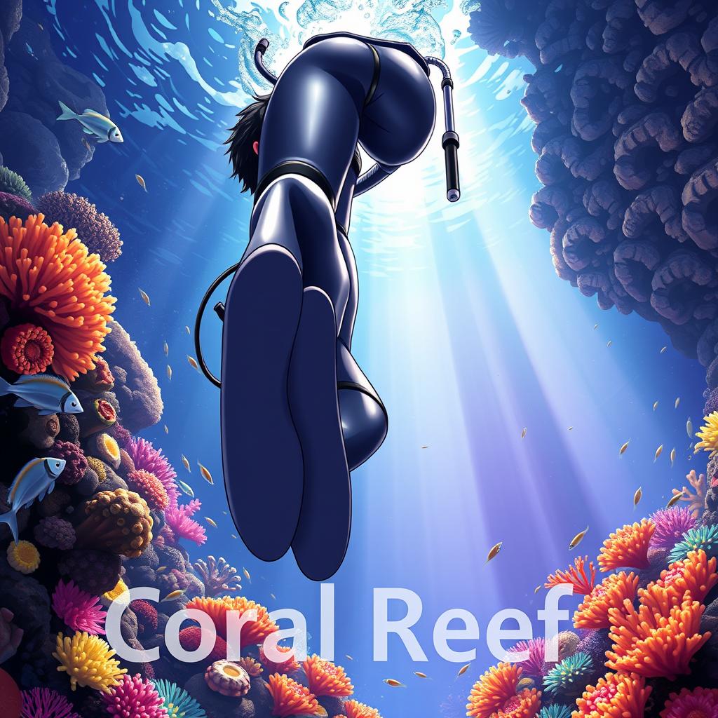 Detailed anime-style cover art for a science magazine issue titled 'Coral Reefs' featuring a teenage male character in a tight glossy wetsuit and scuba gear