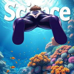 Detailed anime-style cover art for a science magazine issue titled 'Coral Reefs' featuring a teenage male character in a tight glossy wetsuit and scuba gear