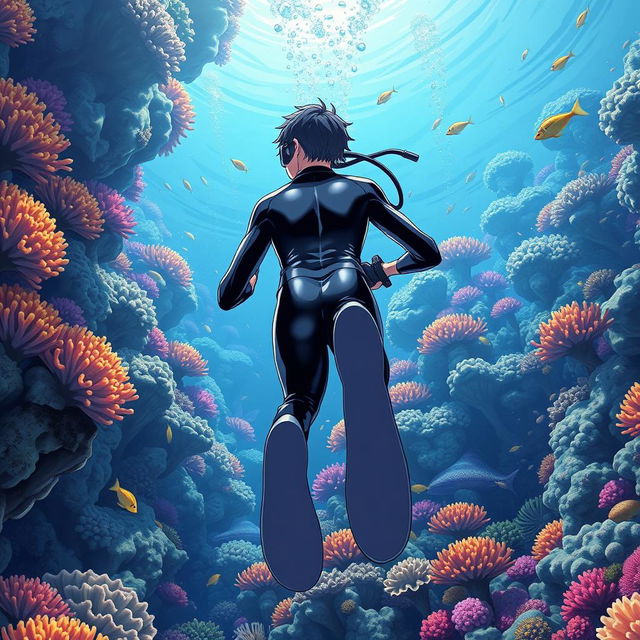 Detailed anime-style cover art for a science magazine issue titled 'Coral Reefs' featuring a teenage male character in a tight glossy wetsuit and scuba gear