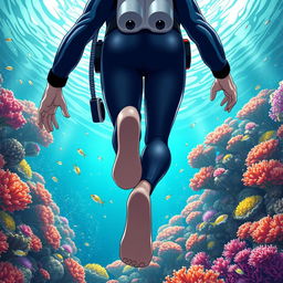 Detailed anime-style cover art for a science magazine issue titled 'Coral Reefs' featuring a teenage male character in a tight glossy wetsuit and scuba gear