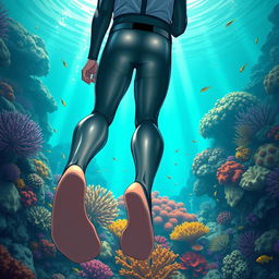 Detailed anime-style cover art for a science magazine issue titled 'Coral Reefs' featuring a teenage male character in a tight glossy wetsuit and scuba gear