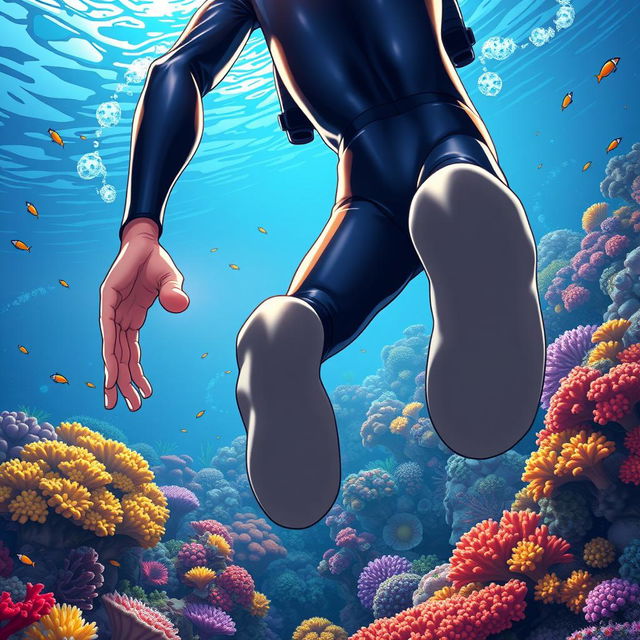 Detailed anime-style cover art for a science magazine issue titled 'Coral Reefs' featuring a teenage male character in a tight glossy wetsuit and scuba gear