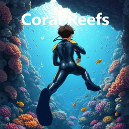 Detailed anime-style cover art for a science magazine issue titled 'Coral Reefs' featuring a teenage male character in a tight glossy wetsuit and scuba gear