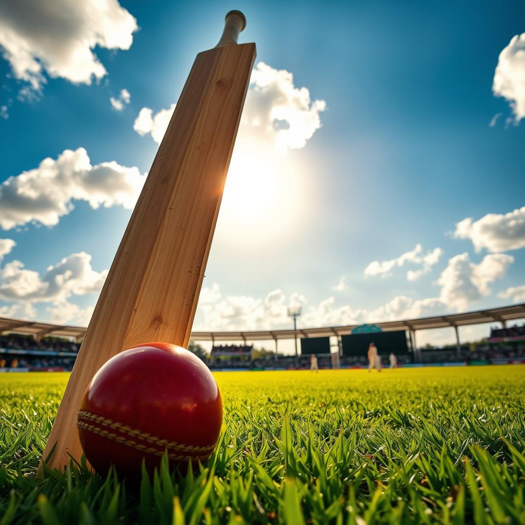 A wooden cricket bat leaning against a cricket ball on a lush green cricket field, vivid blue skies overhead with fluffy white clouds, the sun casting warm golden light over the scene