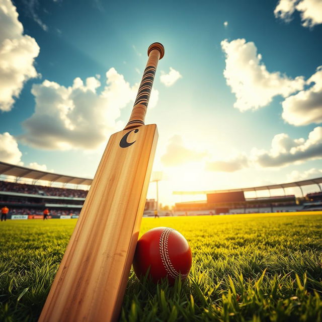 A wooden cricket bat leaning against a cricket ball on a lush green cricket field, vivid blue skies overhead with fluffy white clouds, the sun casting warm golden light over the scene