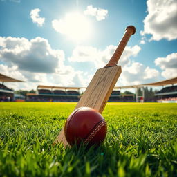 A wooden cricket bat leaning against a cricket ball on a lush green cricket field, vivid blue skies overhead with fluffy white clouds, the sun casting warm golden light over the scene