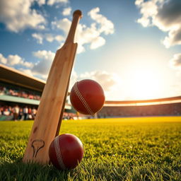A wooden cricket bat leaning against a cricket ball on a lush green cricket field, vivid blue skies overhead with fluffy white clouds, the sun casting warm golden light over the scene