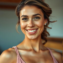 A close-up portrait of a confident, strong woman with striking features, showcasing her armpit hair proudly