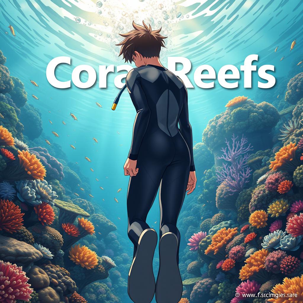 Detailed anime-style cover art for a science magazine issue titled 'Coral Reefs' featuring a teenage male character in a tight wetsuit and scuba gear