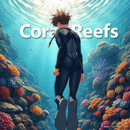 Detailed anime-style cover art for a science magazine issue titled 'Coral Reefs' featuring a teenage male character in a tight wetsuit and scuba gear