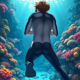 Detailed anime-style cover art for a science magazine issue titled 'Coral Reefs' featuring a teenage male character in a tight wetsuit and scuba gear