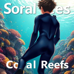 Detailed anime-style cover art for a science magazine issue titled 'Coral Reefs' featuring a teenage male character in a tight wetsuit and scuba gear