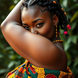 A close-up portrait of an African woman confidently showcasing her natural beauty, focusing on her strong and graceful armpit