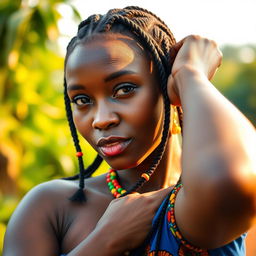 A close-up portrait of an African woman confidently showcasing her natural beauty, focusing on her strong and graceful armpit