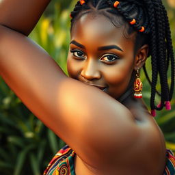 A close-up portrait of an African woman confidently showcasing her natural beauty, focusing on her strong and graceful armpit