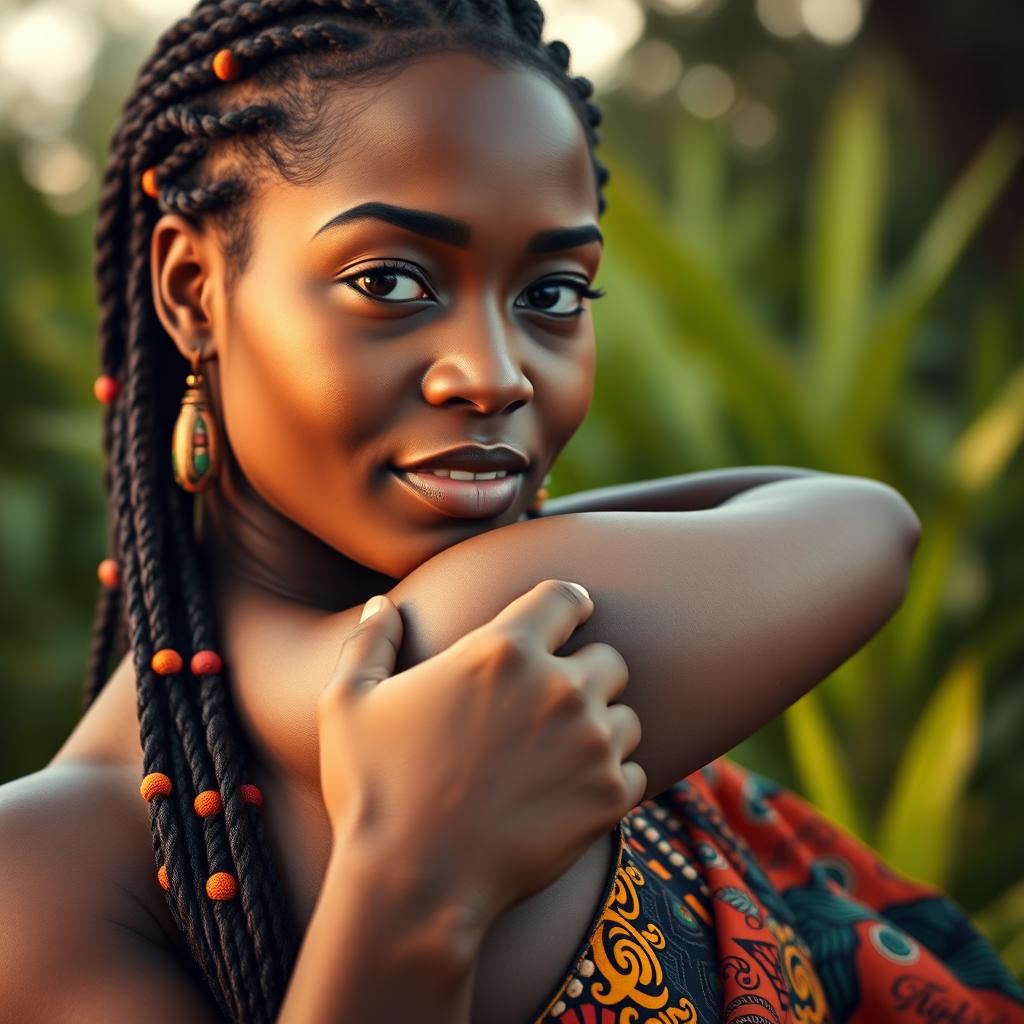 A close-up portrait of an African woman confidently showcasing her natural beauty, focusing on her strong and graceful armpit