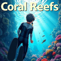 Detailed anime-style cover art for a science magazine issue titled 'Coral Reefs' featuring an excited teenage male character in a tight wetsuit and scuba gear