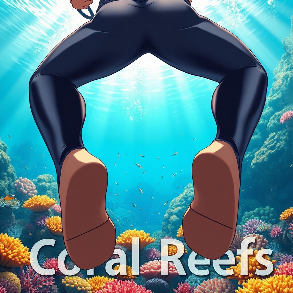 Detailed anime-style cover art for a science magazine issue titled 'Coral Reefs' featuring an excited teenage male character in a tight wetsuit and scuba gear