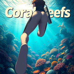 Detailed anime-style cover art for a science magazine issue titled 'Coral Reefs' featuring an excited teenage male character in a tight wetsuit and scuba gear