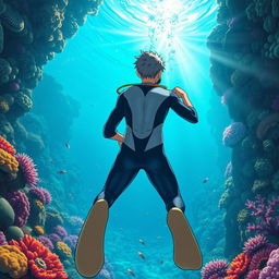 Detailed anime-style cover art for a science magazine issue titled 'Coral Reefs' featuring an excited teenage male character in a tight wetsuit and scuba gear