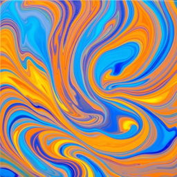 A vibrant and colorful abstract painting featuring swirls of blue, orange, and yellow, with a stunning burst of brightness that highlights the fluidity of the colors
