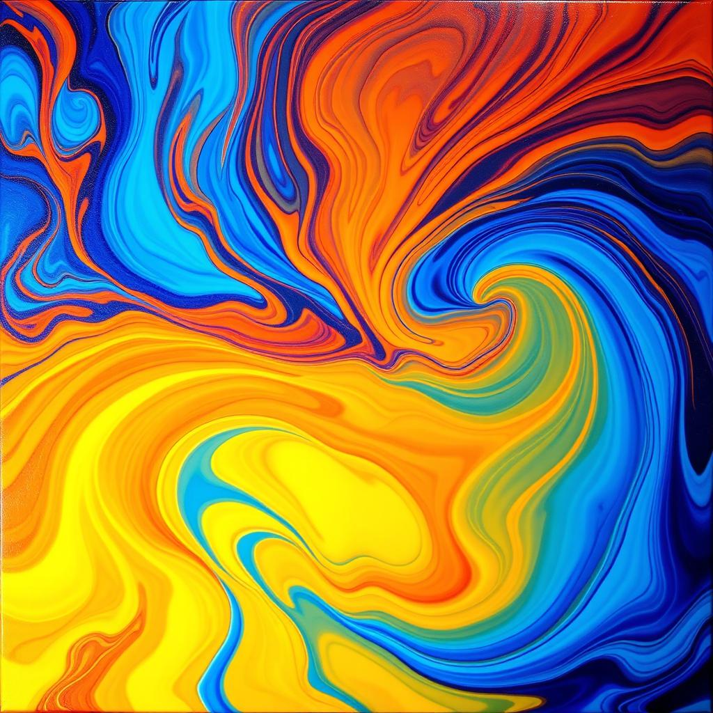 A vibrant and colorful abstract painting featuring swirls of blue, orange, and yellow, with a stunning burst of brightness that highlights the fluidity of the colors