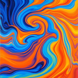 A vibrant and colorful abstract painting featuring swirls of blue, orange, and yellow, with a stunning burst of brightness that highlights the fluidity of the colors