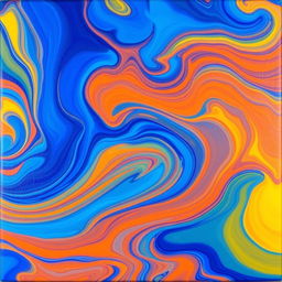 A vibrant and colorful abstract painting featuring swirls of blue, orange, and yellow, with a stunning burst of brightness that highlights the fluidity of the colors