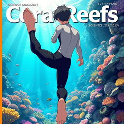 Detailed anime-style cover art for a science magazine issue titled 'Coral Reefs' featuring an excited teenage male character in a tight wetsuit
