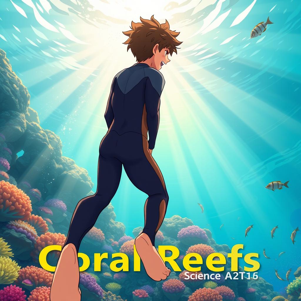 Detailed anime-style cover art for a science magazine issue titled 'Coral Reefs' featuring an excited teenage male character in a tight wetsuit