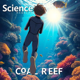 Detailed anime-style cover art for a science magazine issue titled 'Coral Reefs' featuring an excited teenage male character in a tight wetsuit