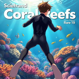 Detailed anime-style cover art for a science magazine issue titled 'Coral Reefs' featuring an excited teenage male character in a tight wetsuit