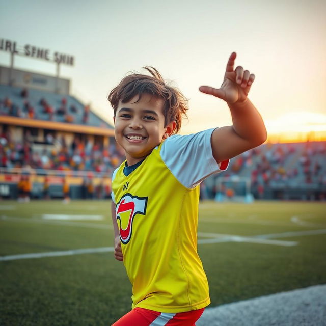 A young athlete in a dynamic pose, showcasing their skills on the sports field, wearing a bright sports uniform with a team logo