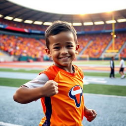 A young athlete in a dynamic pose, showcasing their skills on the sports field, wearing a bright sports uniform with a team logo