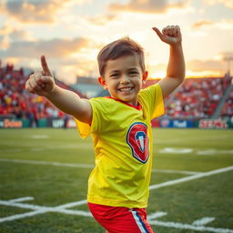 A young athlete in a dynamic pose, showcasing their skills on the sports field, wearing a bright sports uniform with a team logo