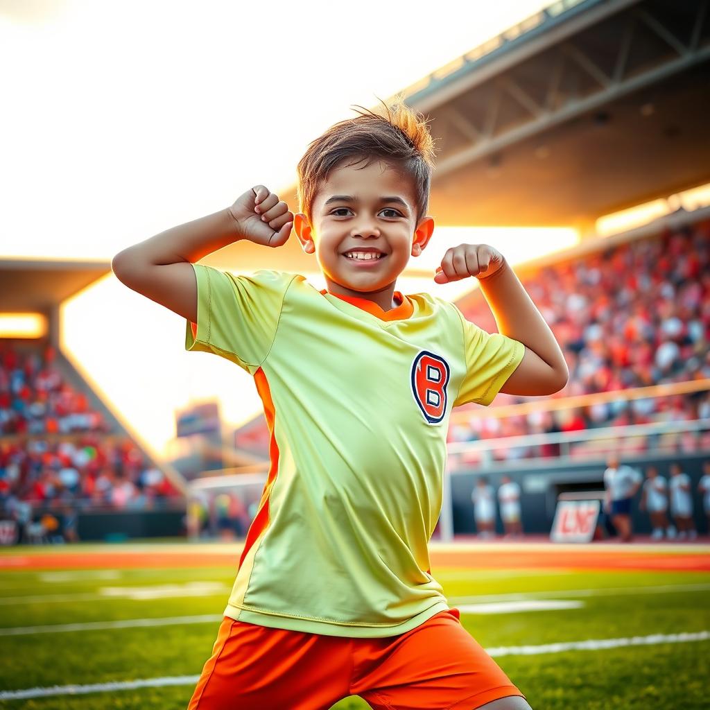 A young athlete in a dynamic pose, showcasing their skills on the sports field, wearing a bright sports uniform with a team logo