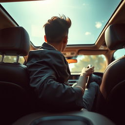 A stunning scene of a person seated inside a car, focusing on the figure from the neck down