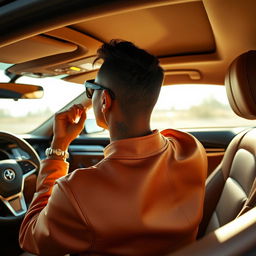 A stunning scene of a person seated inside a car, focusing on the figure from the neck down